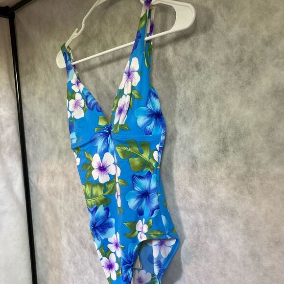 LANDS END Floral Green Tropical Leaves One Piece Swimsuit Womens Size 8 - Picture 8 of 15